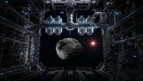 Crew observing asteroid from orbital docking bay with modular space station architecture
