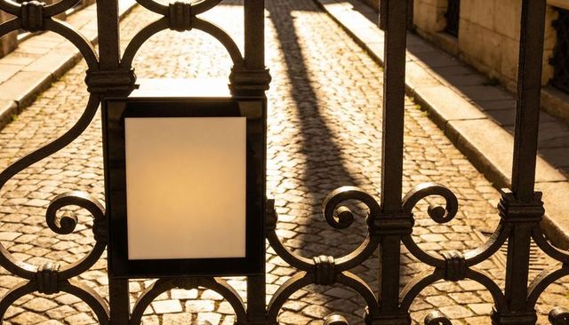 Ornate wrought-iron gate with plaque and warm sunlight casting long cobblestone shadows