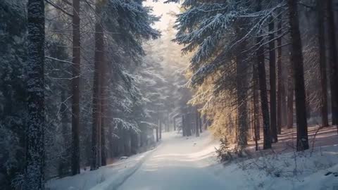 Gliding along Snowy Pine Forest Trail with Golden Sunbeams at Dawn