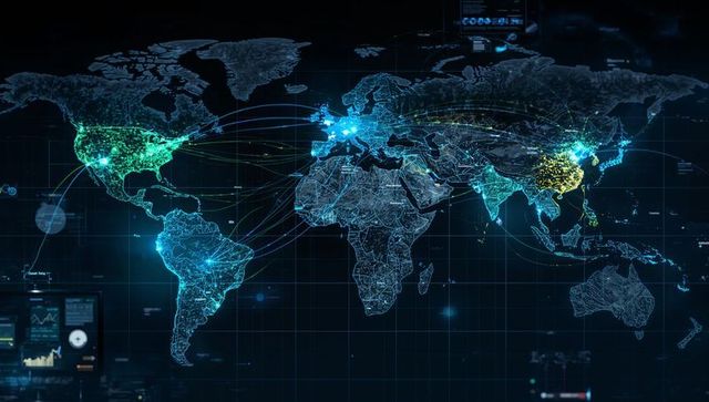 Futuristic world map displaying global tech connections
