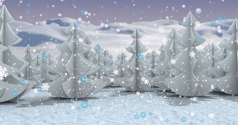 Digital Winter Wonderland with Snowflakes and Gray Trees