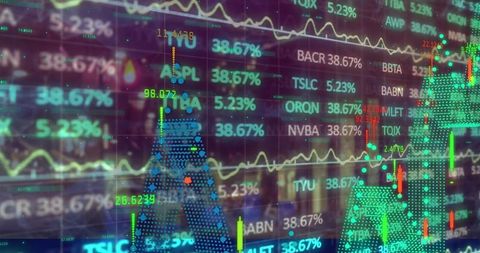 Futuristic digital trading interface with neon charts and financial data
