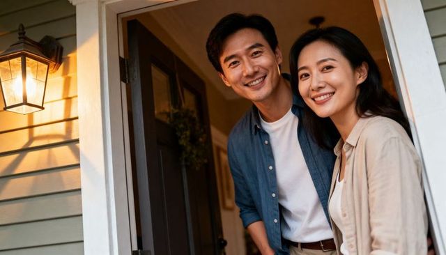 Smiling couple welcoming guests at front door with warm lantern light and wreath
