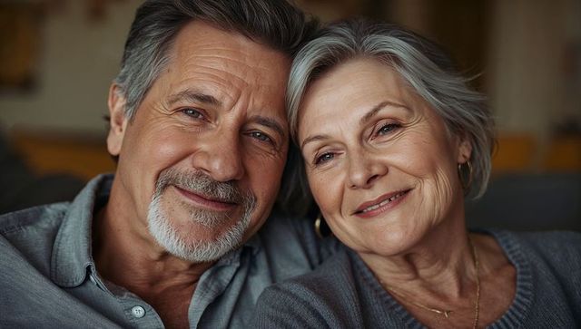 Smiling senior couple sitting close on couch in warm cozy living room, intimate portrait