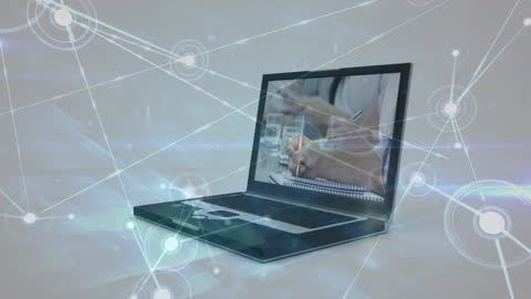 Technology Concept with Connected Nodes and Laptop Displaying Data