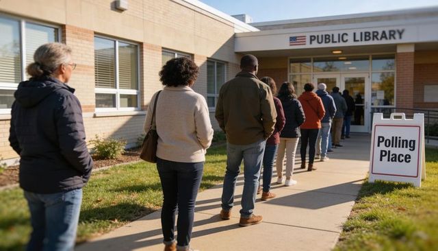 Voters standing in orderly line outside public library polling place on sunny fall morning