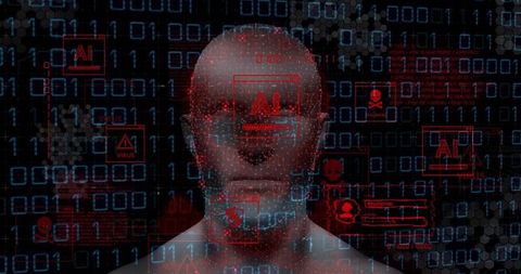 Ai threat monitoring on synthetic humanoid hologram with binary stream and virus alerts