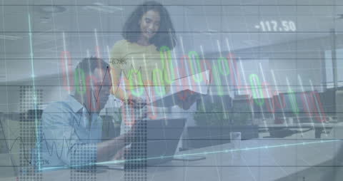 Colleagues Discussing Business Insights with Data Visuals Overlay