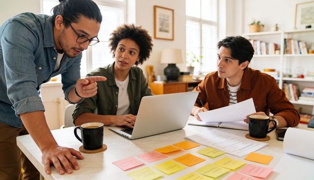 Diverse team brainstorming over laptop and colorful sticky notes in casual home office