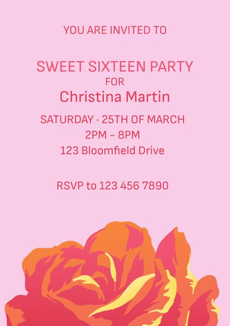 Perfect for creating elegant and festive invitations for sweet sixteen parties. Design features vibrant floral illustrations, making it ideal for teen girls' birthday celebrations. Customize with details like name, date, time, and venue. Great for sending out to friends and family for a special and memorable event.