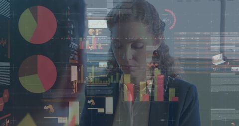 Businesswoman Analyzing Digital Financial Data Overlay