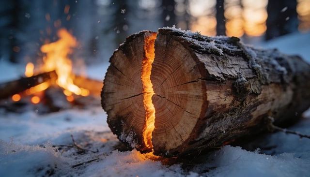 Glowing split log cracking open with ember glow on snowy forest floor at sunset