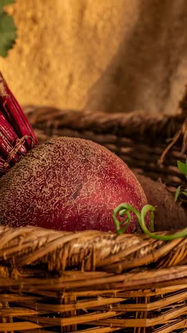 Close-up showing woven basket with fresh red beet and green sprout, rustic culinary video