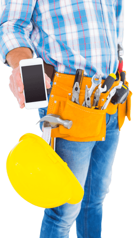 Handyman with smartphone and tool belt on transparent background