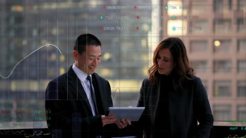Business Professionals Analyzing Data with Digital Tablet Outside Office
