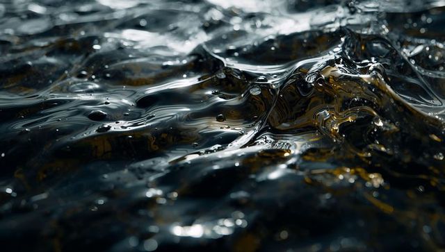 Shimmering viscous oil surface glossy ripples, droplets and deep blue amber highlights