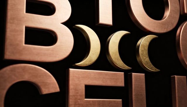 Triple crescent gold emblem featuring brushed copper letters on black backdrop