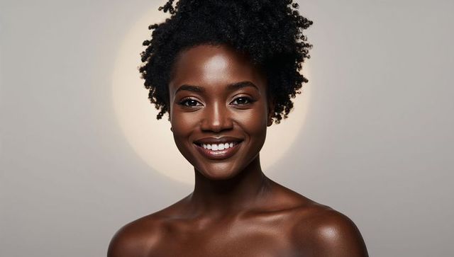 Radiant smiling woman with natural curly hair and glowing skin studio headshot portrait