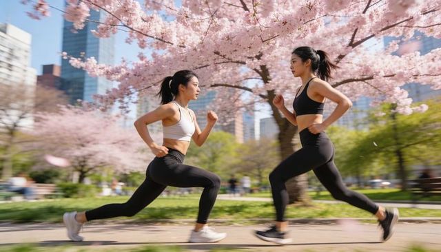 Two asian women jogging under cherry blossoms in urban park with city skyline