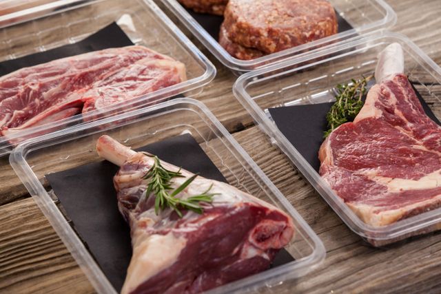 This image shows various cuts of fresh meat, including lamb and beef, in plastic packaging on a wooden table. Ideal for use in culinary blogs, grocery store advertisements, butcher shop promotions, or articles about food preparation and cooking ingredients.