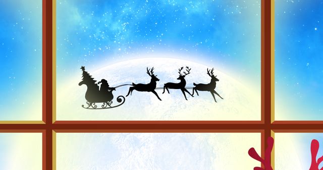 Santa Claus and Reindeer Flying Over Moon Seen from Window - Download Free Stock Images Pikwizard.com