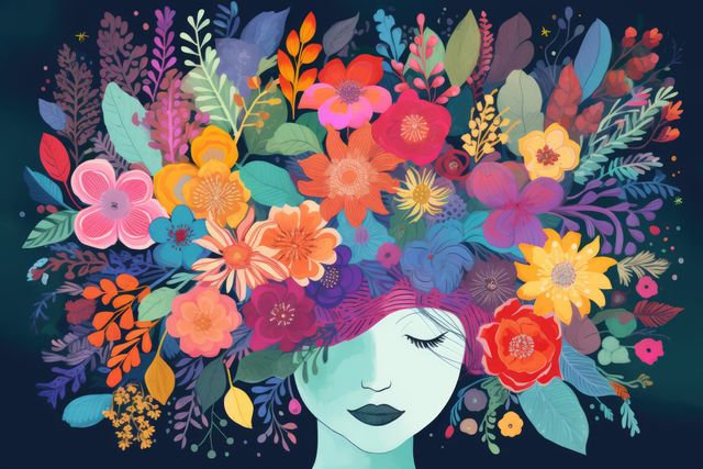 Stunning surreal illustration featuring a woman with vibrant flowers sprouting from her head. Suitable for use in art projects, creative design, book covers, posters, greeting cards, and fantasy-themed decor. Perfect for adding a touch of whimsy and vivid color to any project.