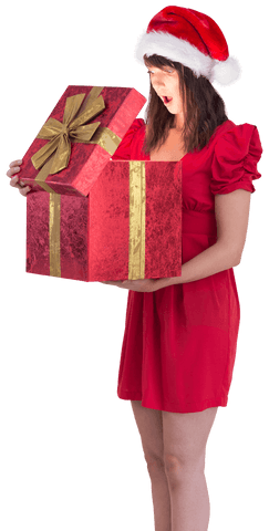 Transparent woman opening large christmas gift with surprise