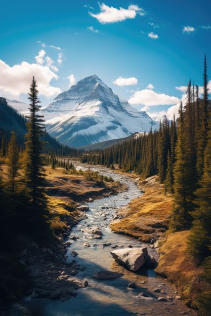Showcases a breathtaking mountainous landscape with a winding stream flowing through a dense coniferous forest. Ideal for travel magazines, nature calendars, environmental websites, and inspirational posters highlighting the beauty of natural landscapes.