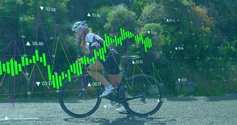 Female Cyclist on Scenic Route with Performance Data