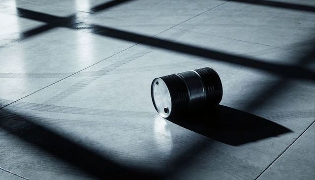Lying steel drum under grid shadows on polished concrete floor casting long shadow