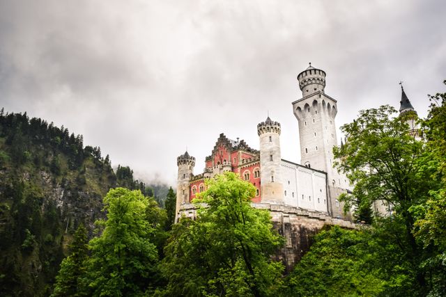 This photograph features a stunning medieval castle surrounded by lush green trees, set against dramatic misty skies. The castle’s towers and intricate architecture loom impressively, creating a dynamic contrast between natural beauty and historic craftsmanship. Suitable for travel magazines, historical features, and fantasy-themed creative projects, this compelling image evokes a sense of adventure and mystery.