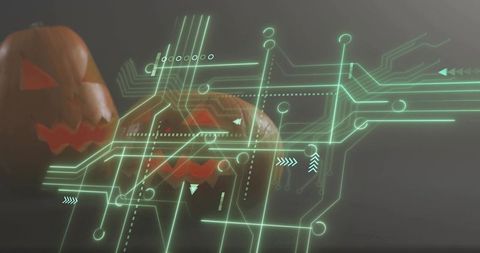 Glowing jack-o-lanterns with neon circuit hologram creating futuristic Halloween mood