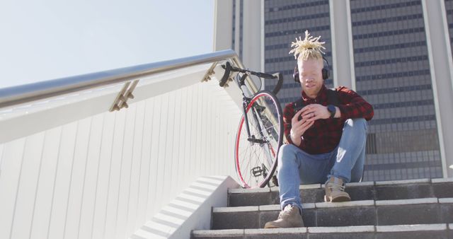 Urban Man Sitting on Stairs with Bicycle Using Smartphone - Download Free Stock Images Pikwizard.com