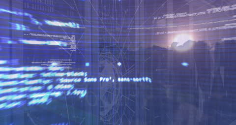 Data Networks and Computer Code Over Laid on Sunset Backdrop