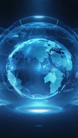 Vertical holographic Earth video with rotating globe, pulsing platform and data rings