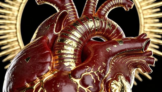 Ornate burgundy and gold anatomical heart sculpture with gilded sunburst halo luxury decor