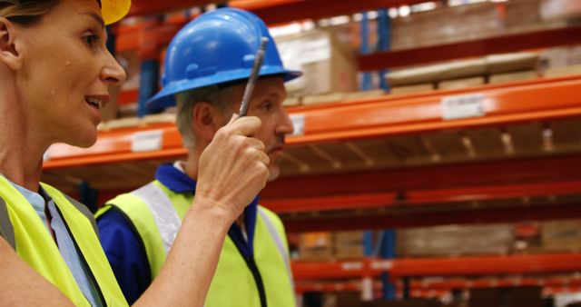 Workers in Safety Gear Collaborating in Warehouse - Download Free Stock Images Pikwizard.com