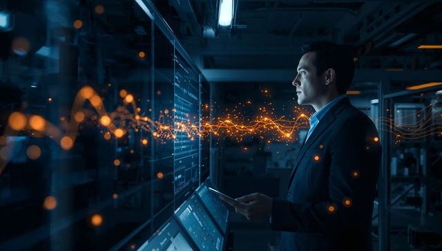 Businessman Monitoring Real-Time Data Streams on Monitors with Futuristic Orange Waveform