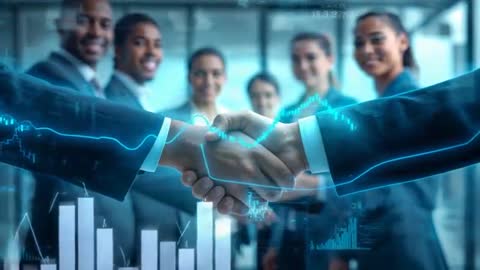 Business Team Shaking Hands with Graphs and Technology Overlay