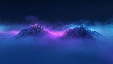 Glowing Wireframe Mountain Range Emitting Neon Cyan and Magenta Fog in Futuristic Landscape
