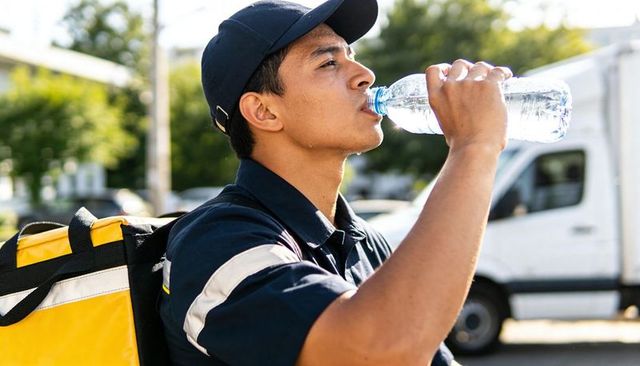 Delivery rider drinking water on sunny street with yellow insulated backpack