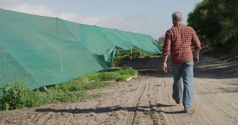 Senior Farmer Walking Through Farm with Greenhouse Tents