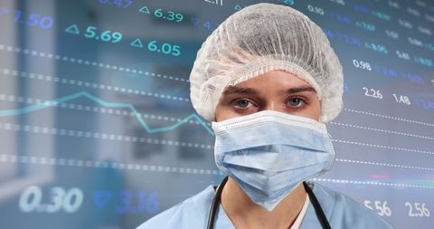 Surgeon in Mask Poses Against Financial Data Graph Backdrop