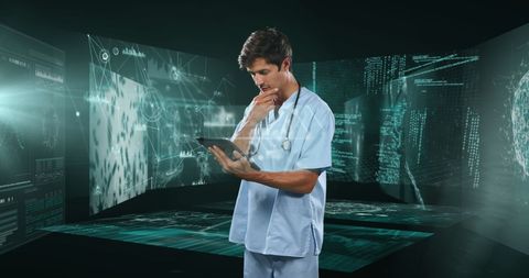 Young male doctor analyzing holographic data screens