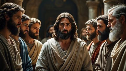 Historical gathering of jesus' disciples in ancient hall