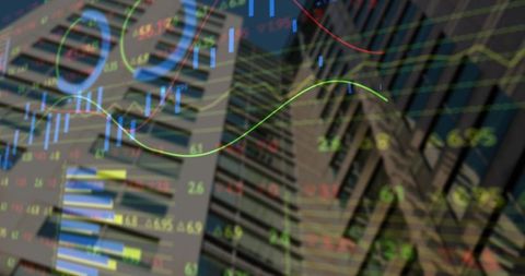 Data visualizations overlaying city architecture in business district