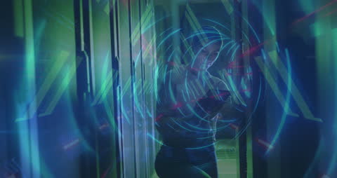 Digital Interface Overlay on Server Technician at Work