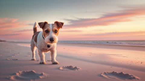 Cute Terrier Dog Enjoying Sunset on Scenic Beach