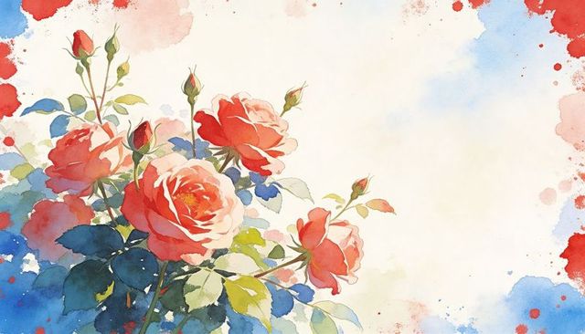 Blossoming watercolor rose cluster with red and pink blooms on textured paper background