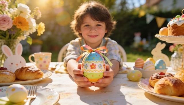 Smiling boy holding decorated pastel easter egg with ribbon at sunny backyard table